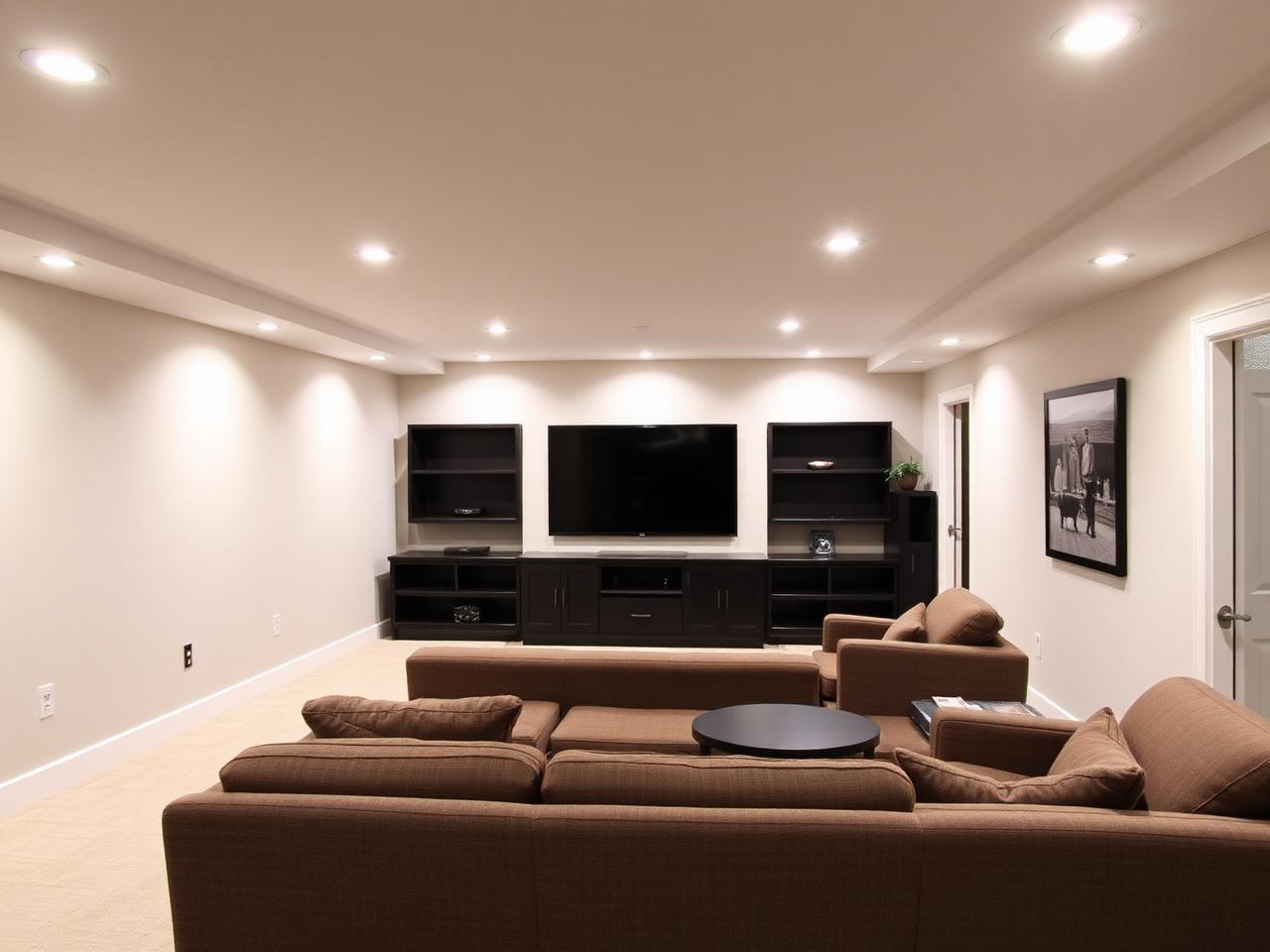 Finished basement rec room with smooth painted walls and pot lights