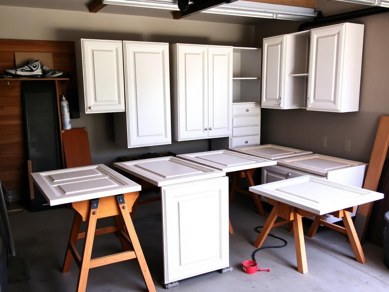 Kitchen cabinet doors on sawhorses being refinished in white