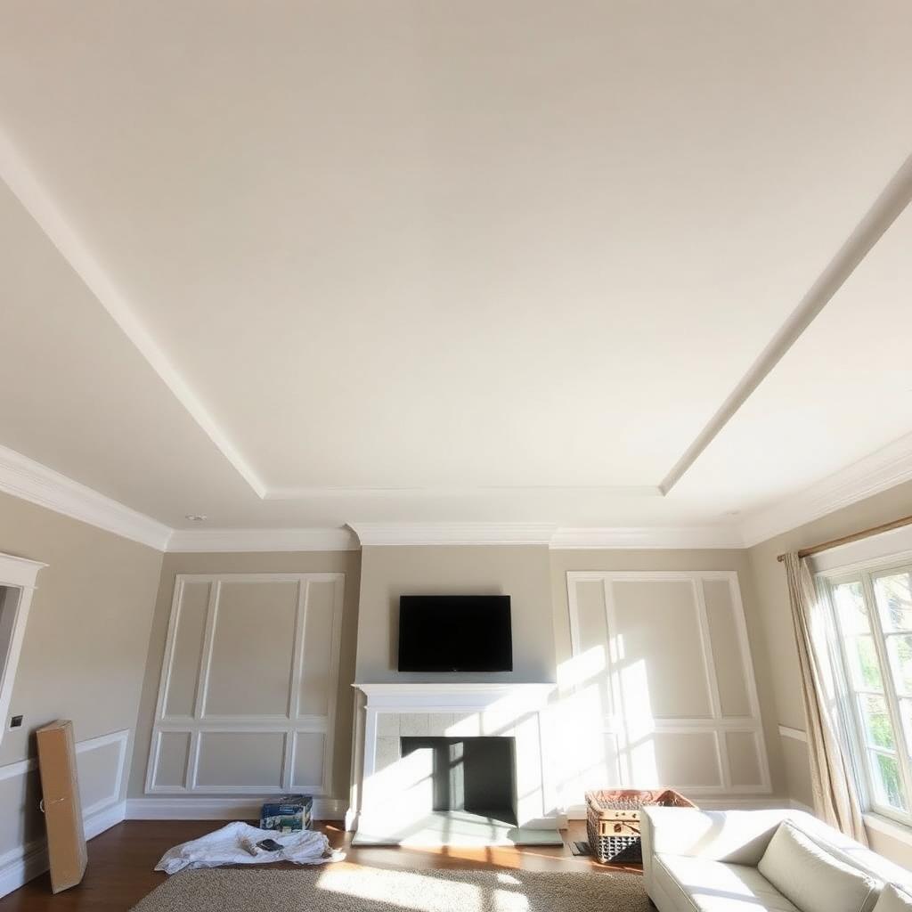 Smooth refinished residential ceiling with clean crown molding in raking light