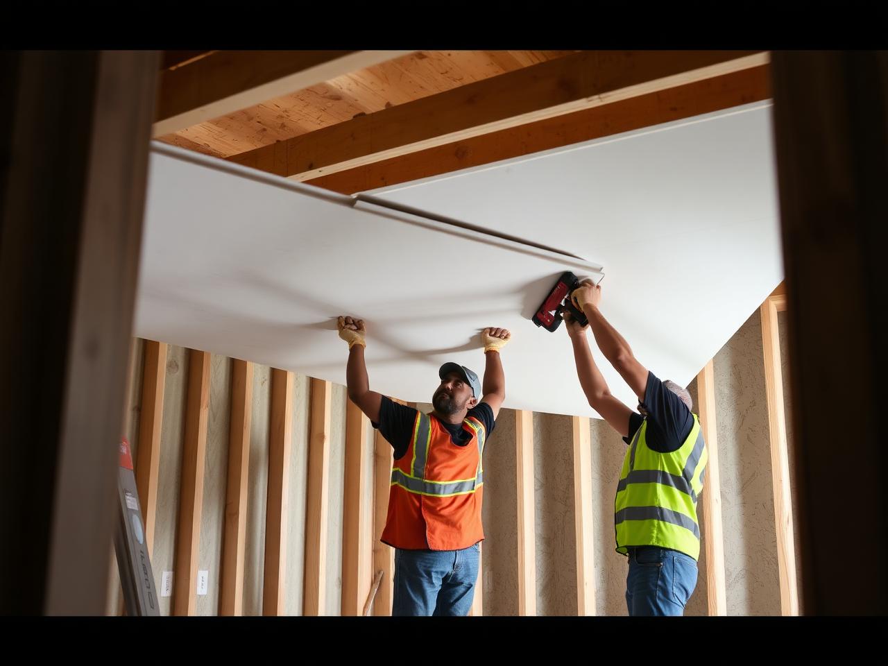 Two workers hanging a drywall sheet on ceiling framing