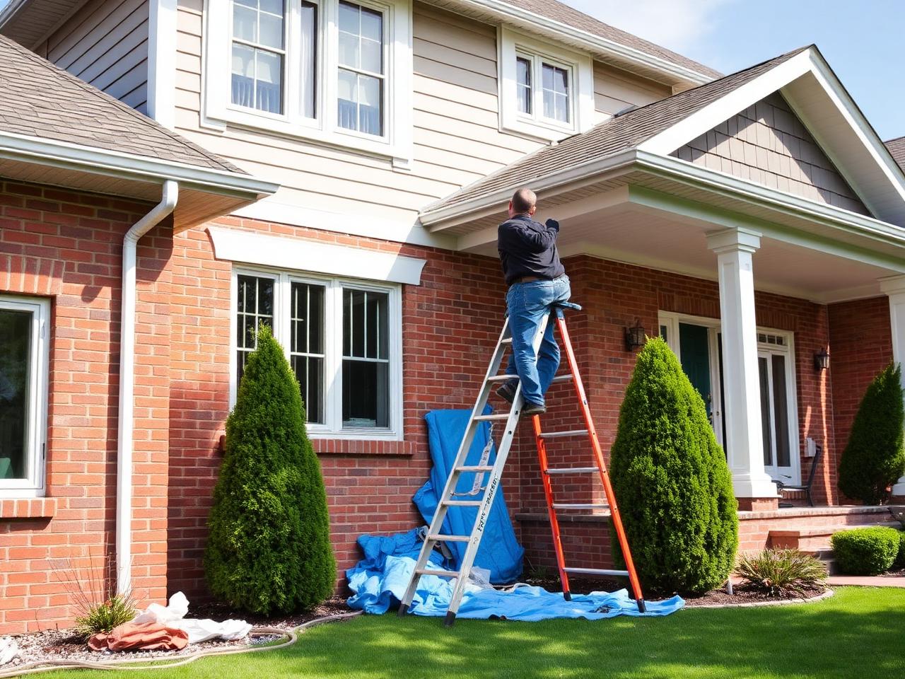 Painter on a ladder painting exterior trim and soffit