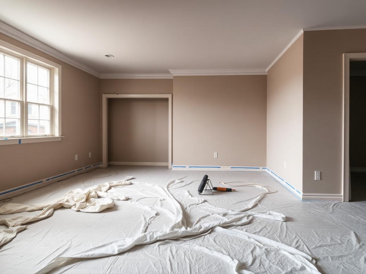 Interior room masked with drop sheets during a repaint