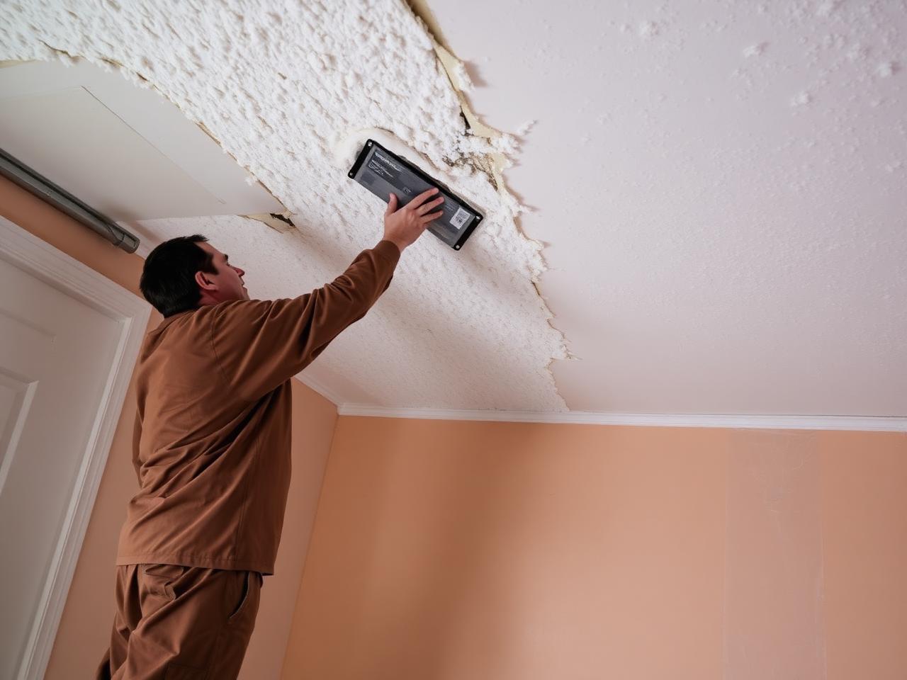 Popcorn stipple being scraped off a ceiling during removal