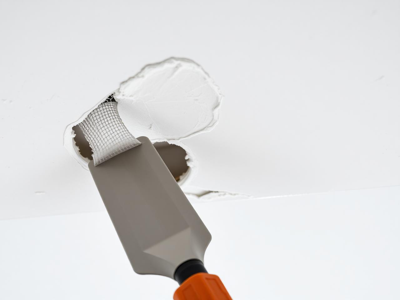 Mesh tape and compound patching a hole in a drywall ceiling