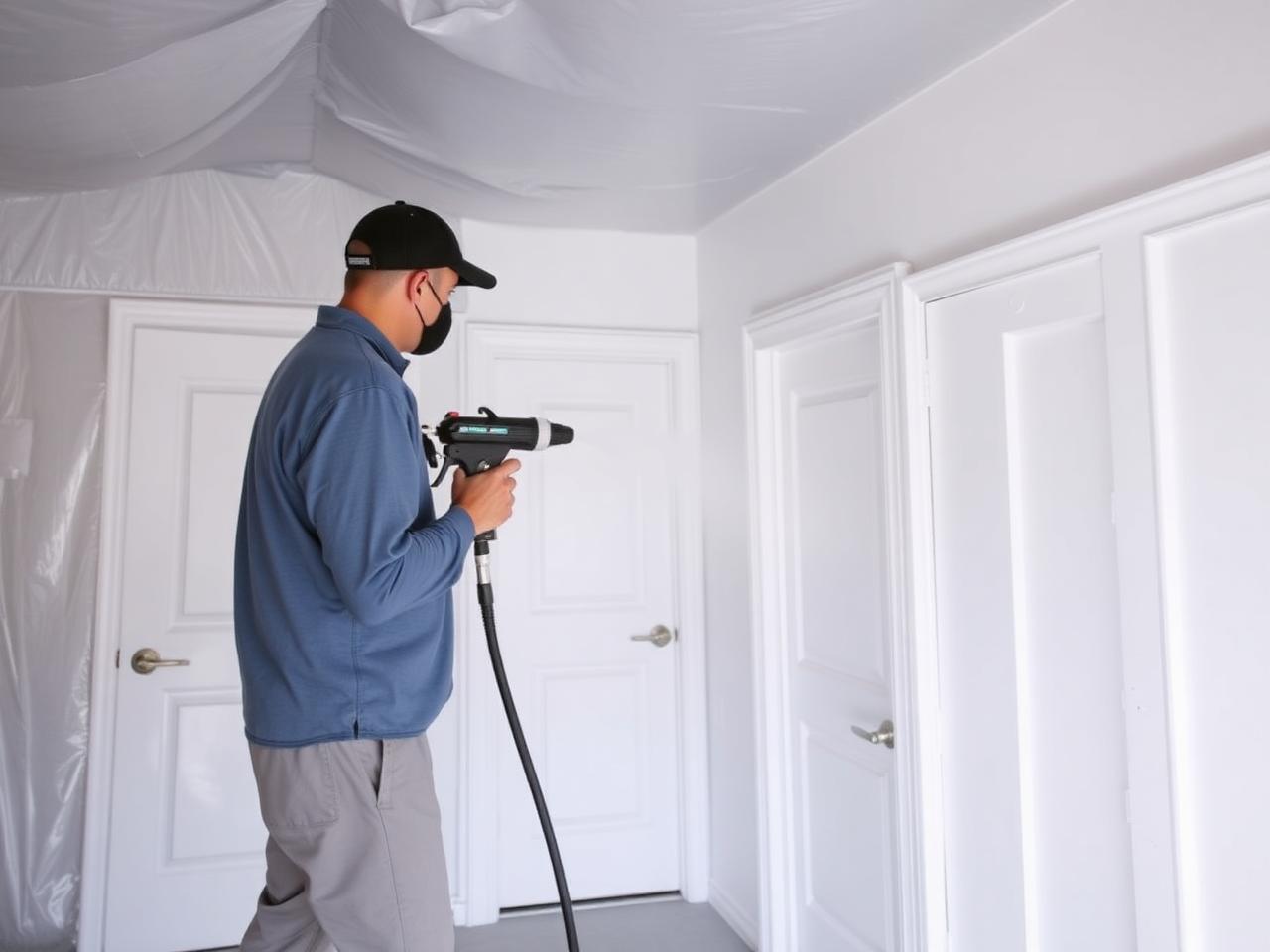Painter spray finishing doors and trim inside a taped-off room