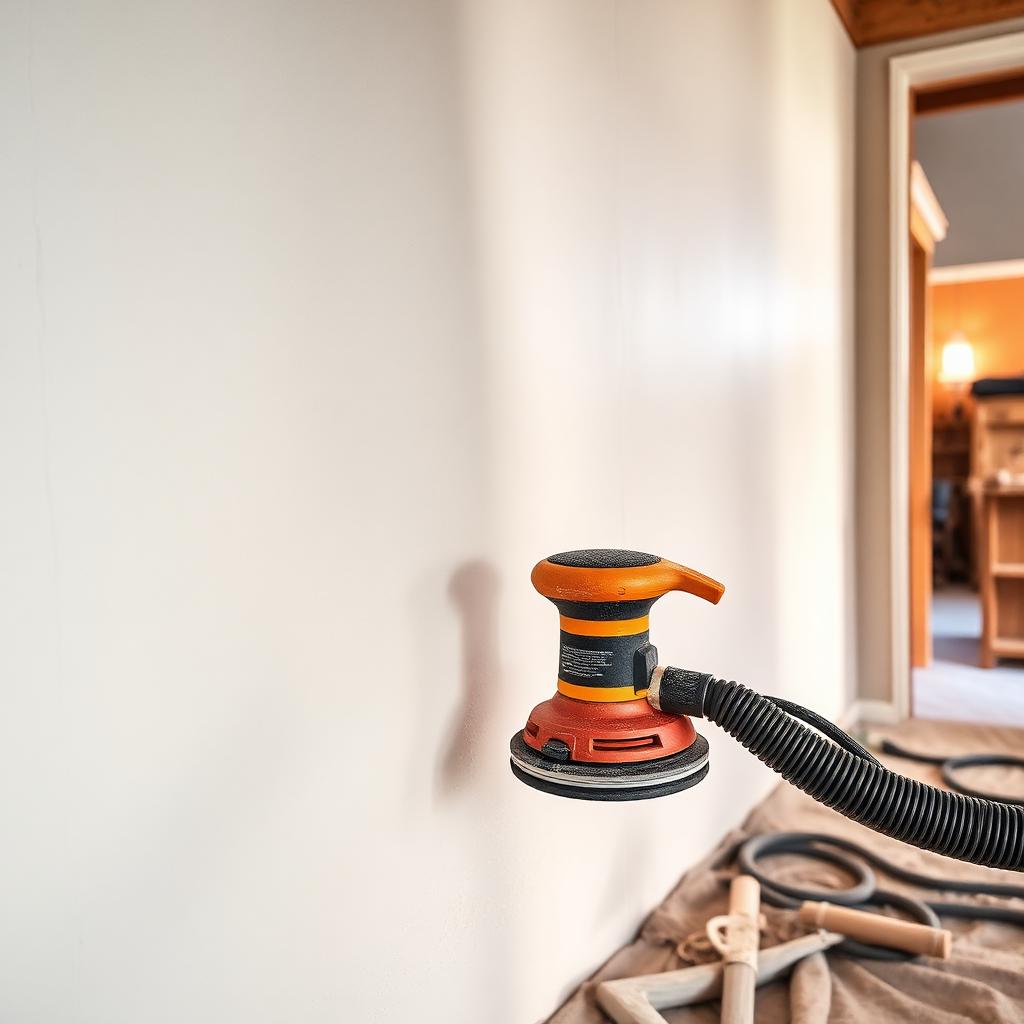 Dust-free drywall sander connected to a vacuum hose on a smooth wall