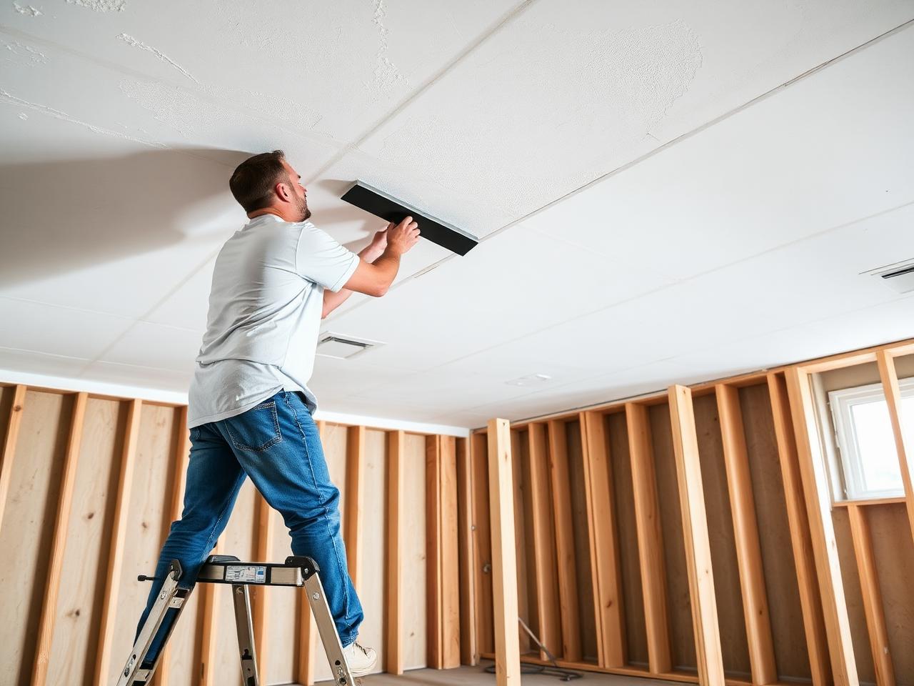 Taper applying joint compound to ceiling seams in a basement