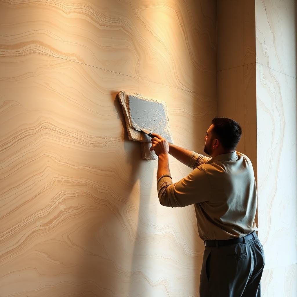 Craftsman troweling luxurious Venetian plaster onto a feature wall