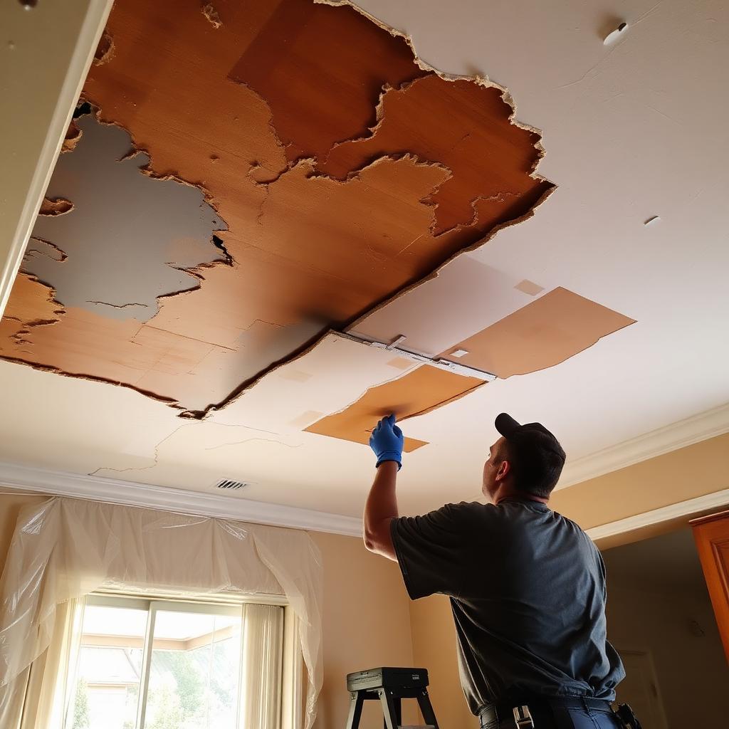 Water-damaged ceiling being repaired and primed by a restoration specialist