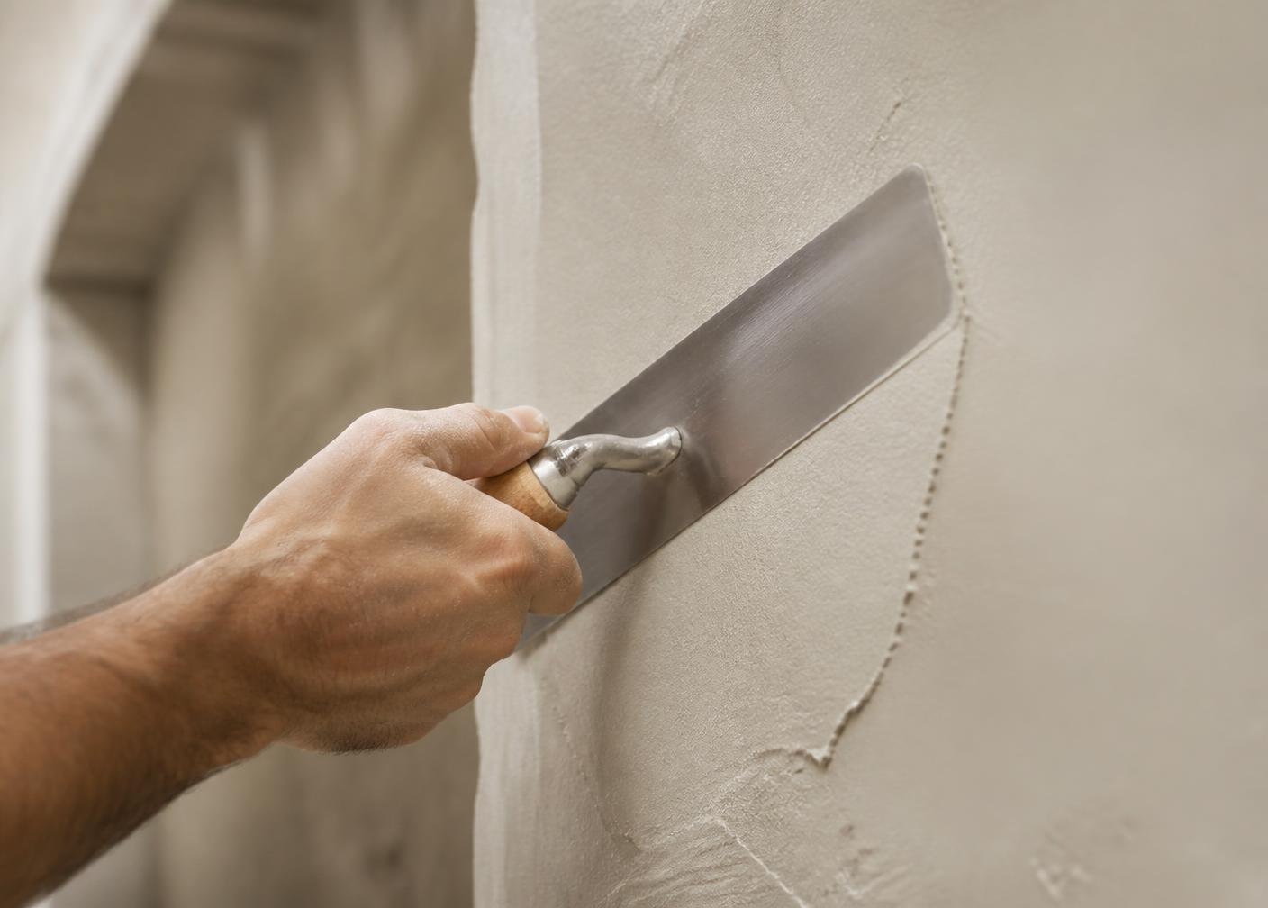 Hands troweling a textured clay plaster feature wall